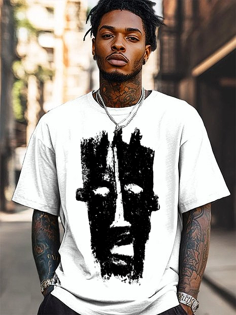 Men's Black Abstract African Mask Graphic Print Cotton Casual T-Shirt