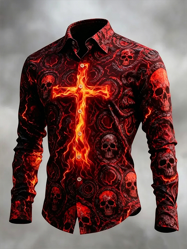 Men's Fire Cross Skull Art Print Long Sleeve Shirt