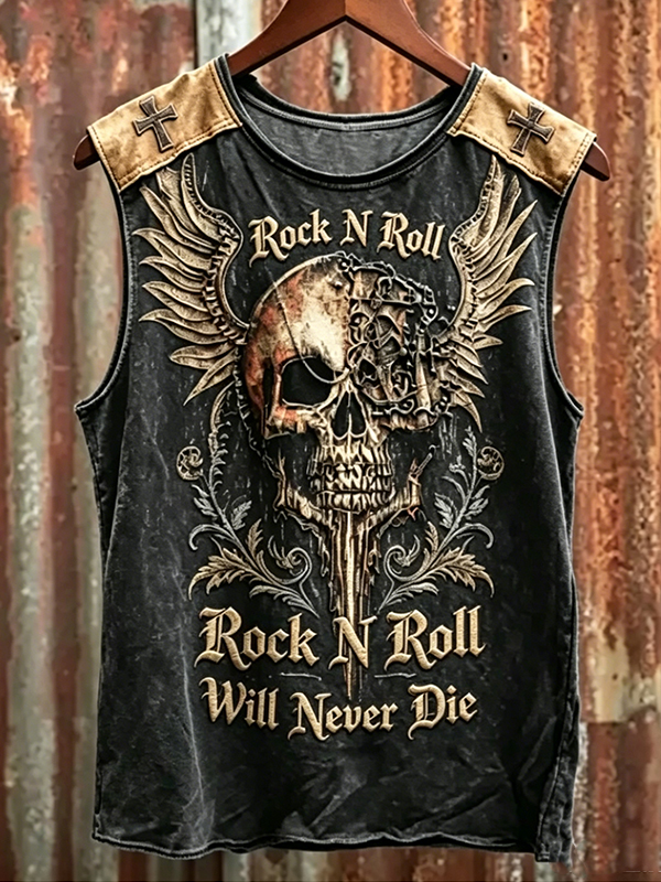 Men's Rock N Roll Mechanical Skull Wing Art Print Tank Top