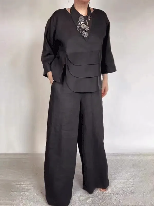 Women's Casual Button Decorated Cotton And Linen Two-Piece Set