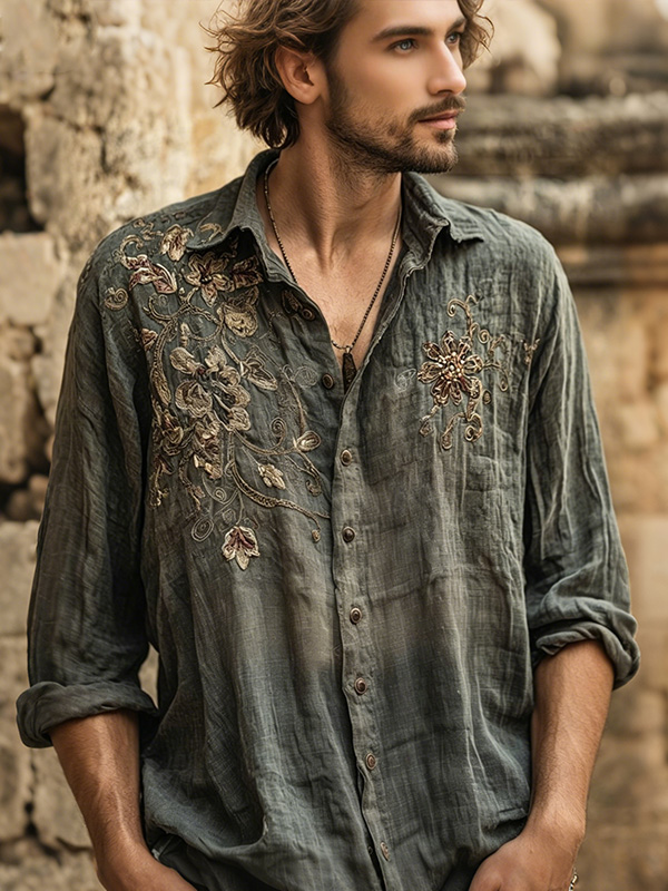 Men's Artistic Floral Retro Print Long Sleeve Shirt