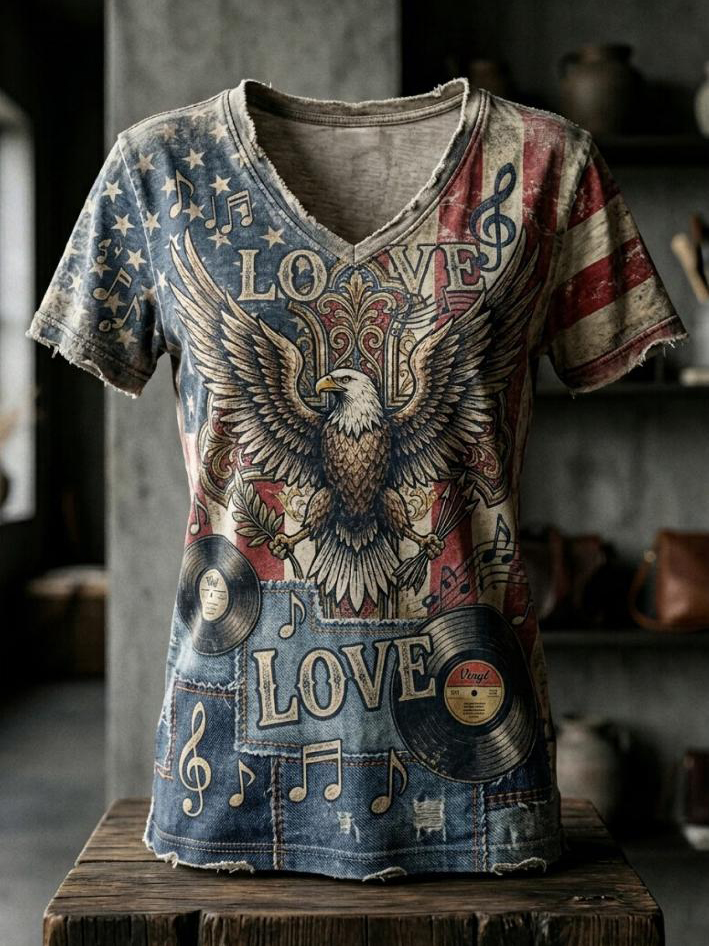 Women's USA Flag Eagle Vinyl Music Note Print Casual V Neck T-Shirt