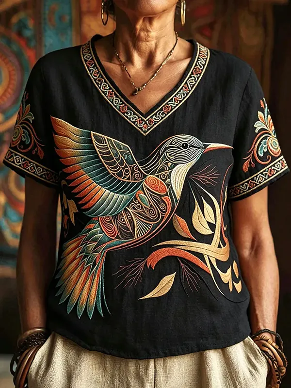 Women's Hummingbird Folk Art Print V Neck T-Shirt