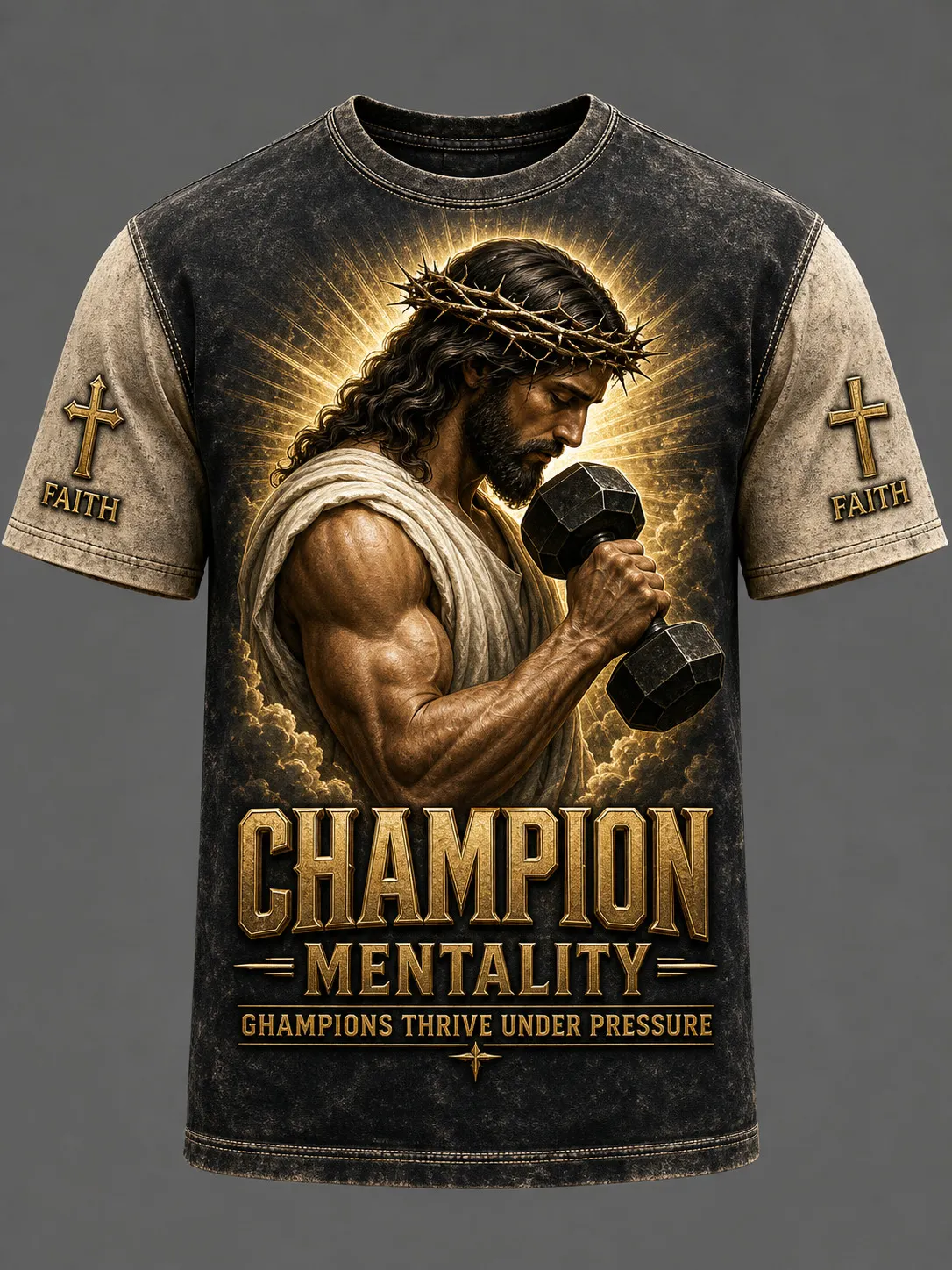 Men's Champion Mentality Jesus Dumbbell Print Workout T-Shirt