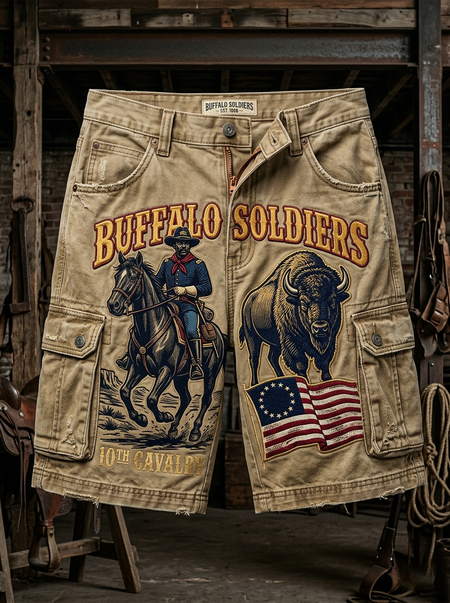 Men's Buffalo Soldiers Cowboy Print Cargo Shorts