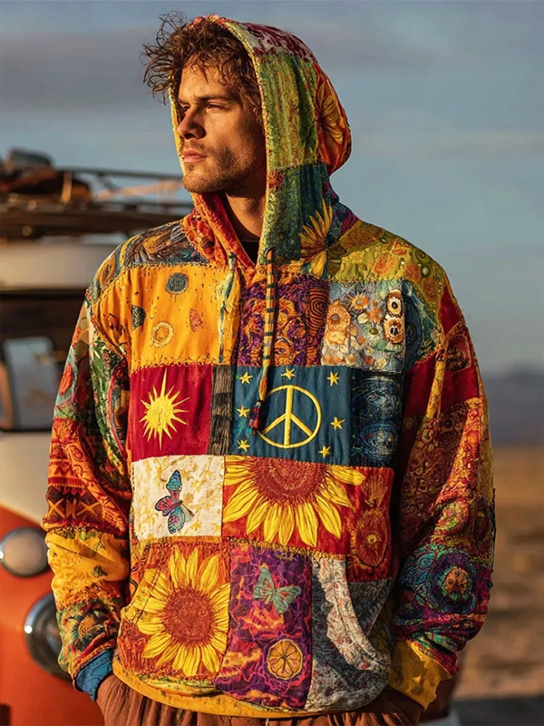 Men's Hippie Art Sunflower Peace Sign Print Casual Hoodie