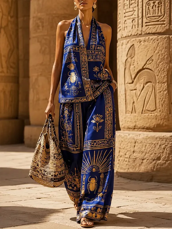 Women's Ancient Egyptian Symbolic Pattern Print Deep V Neck Tank Top Wide Leg Pants Matching Set