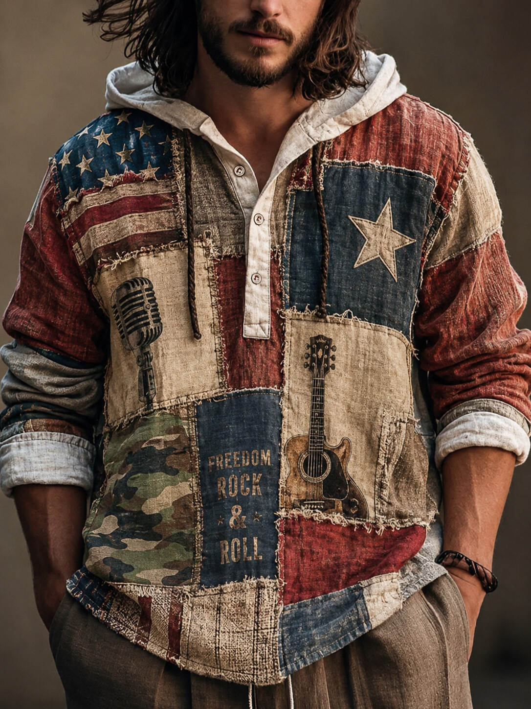 Men's USA Flag Rock & Roll Patchwork Art Print Hooded Shirt