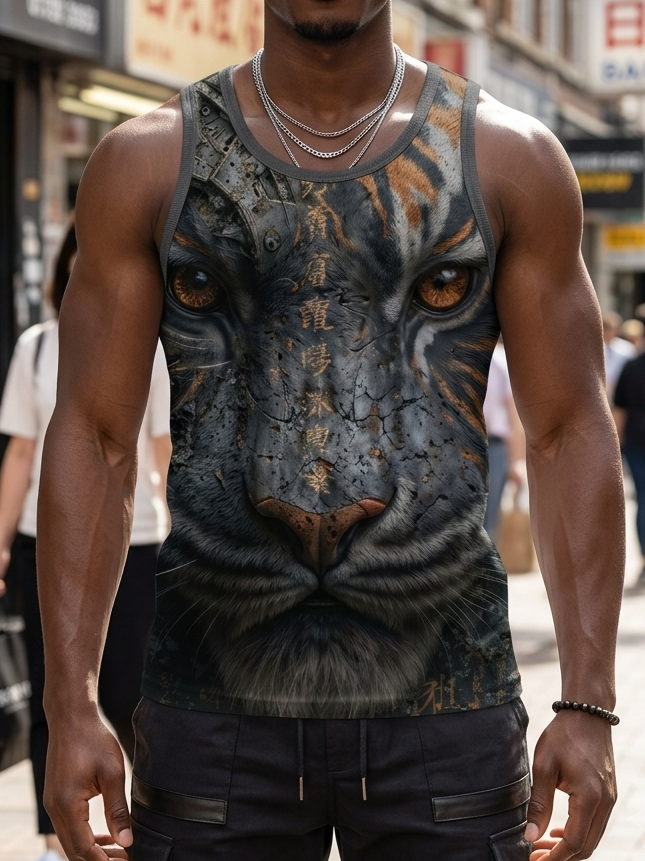 Men's 3D Tiger Face Art Print Tank Top
