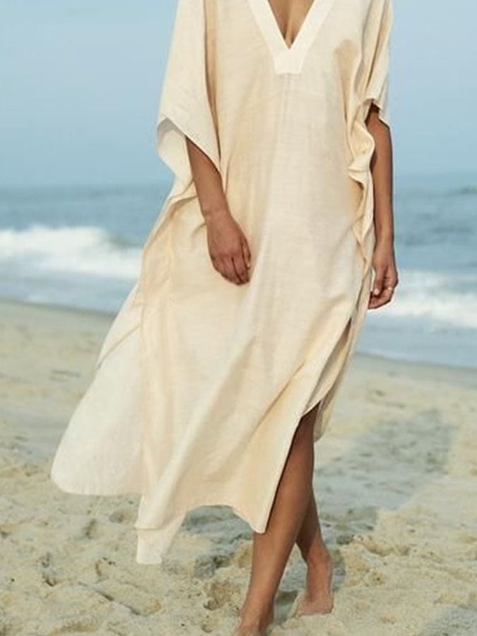 Women'S Casual Solid Color V-Neck Three-Quarter Sleeve Loose Dress