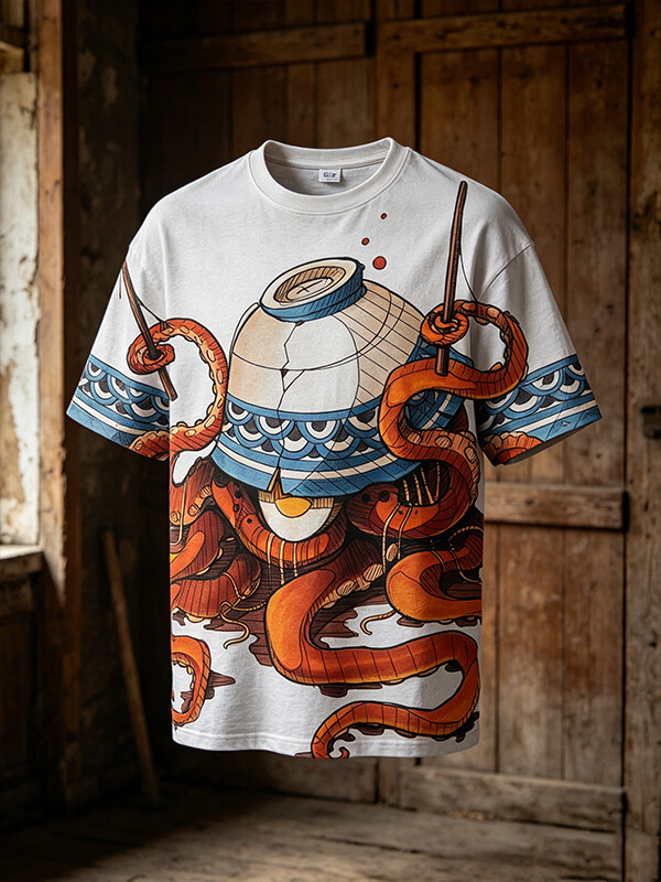Men's Japanese Octopus Eating Ramen Graphic Print T-Shirt