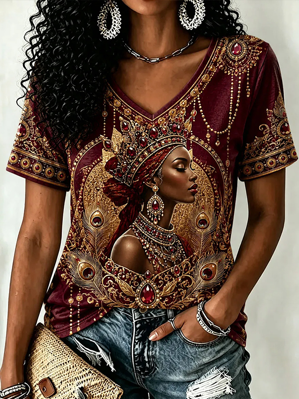 Women's Elegant Black Woman Jewelry Art Print Casual V Neck T-Shirt