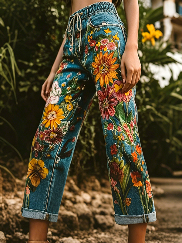 Women's Boho Flower Oil Painting Print Casual Wide Leg Pants