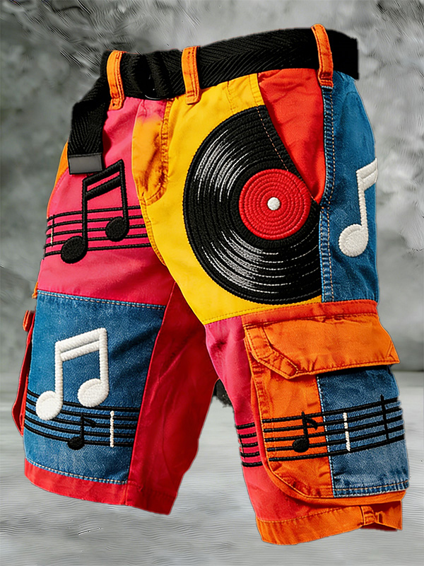 Men'S Retro Music Color Patchwork Art Print Denim-Like Casual Shorts