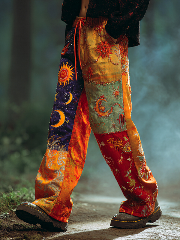 Women's Hippie Sun And Moon Colorful Patchwork Print Casual Wide Leg Pants