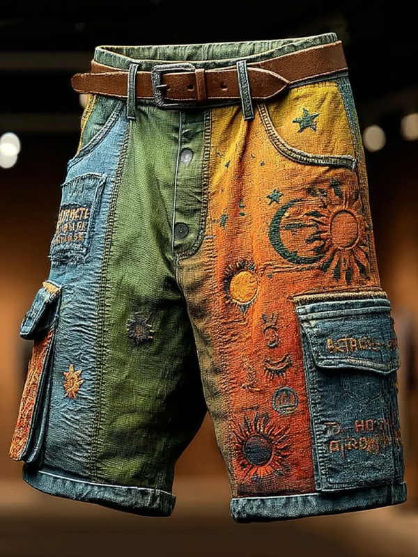 Men's Retro Stars Moons Hippie Geometric Art Print Casual Cargo Shorts