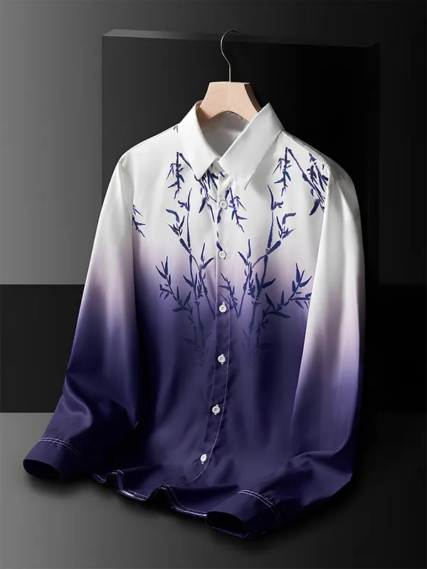 Men's Japanese Bamboo Color Block Gradient Art Print Long Sleeve Shirt