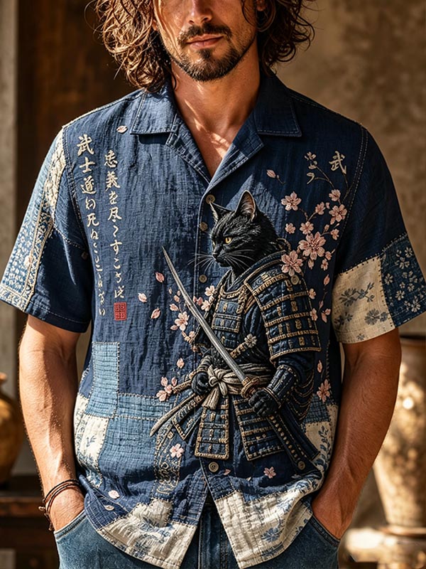 Men's Retro Ukiyo-e Style Samurai Cat Cherry Blossom Print Short Sleeve Shirt