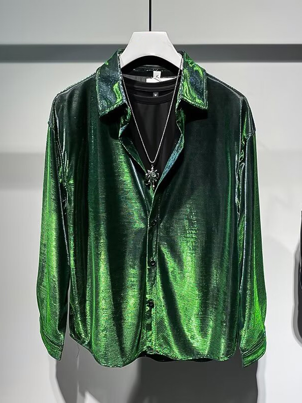 Men's Turndown Collar Ombre Glitter Loose Casual Long Sleeve Shirt