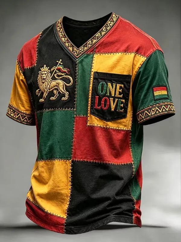 Men's African Lion Color Block Print Casual V Neck T-Shirt