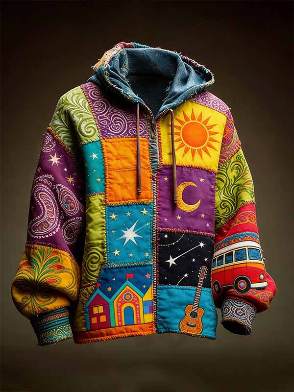 Men's Hippie Art Colorblock Print Hooded Zip Up Jacket