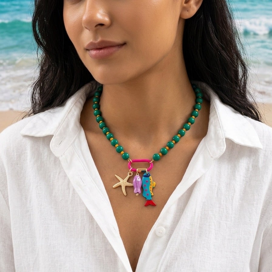 🌈✨3pc Summer Layered Beaded Dopamine Necklace Set 🦀Colorful Fish and Starfish Charms🐠