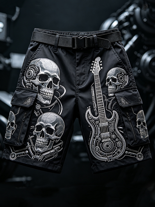 Men's Mechanical Skull Guitar Art Print Casual Shorts