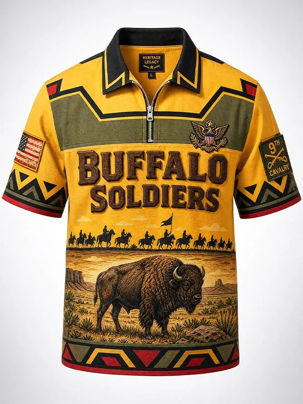 Men's Western Bison Buffalo Soldiers Art Print Half Zip Polo Shirt