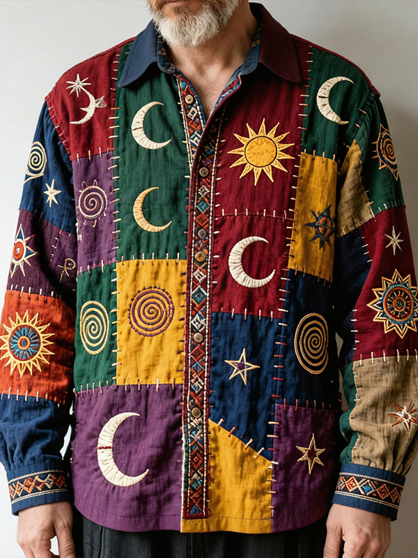 Men's Colorful Sun And Moon Hippie Color Block Art Print Long Sleeve Shirt