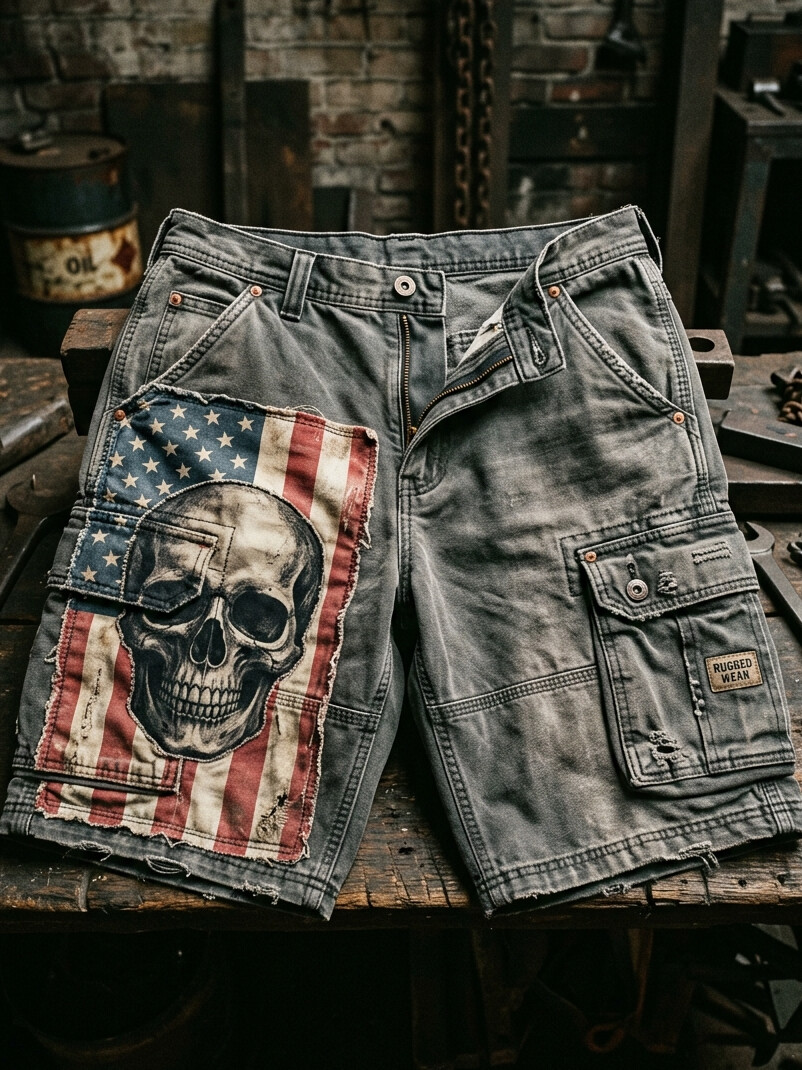 Men's Retro Skeleton Dark Art American Flag Print Casual Shorts