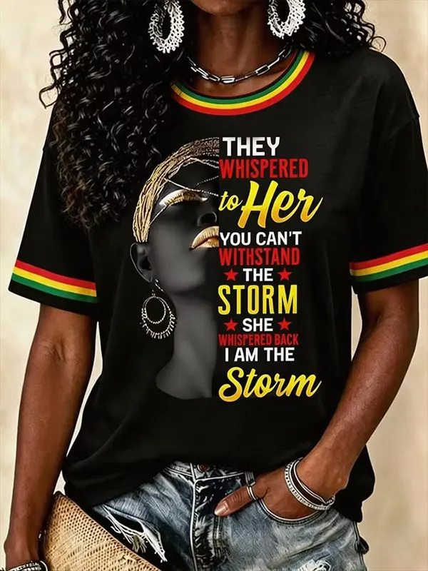 Women's Silhouette Black Lady Gold Headwrap Motivational Quote Art Print Casual T-Shirt