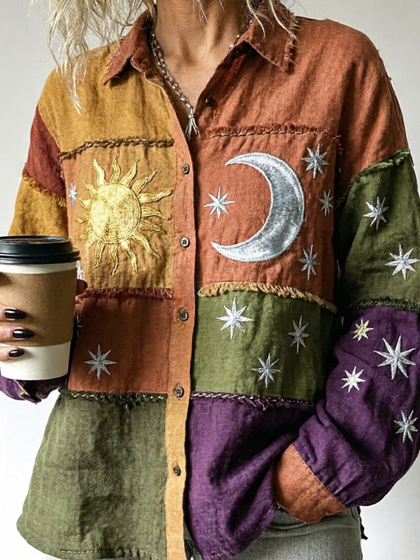 Women's Retro Mysterious Sun Moon Colorblocking Print Long Sleeve Shirt