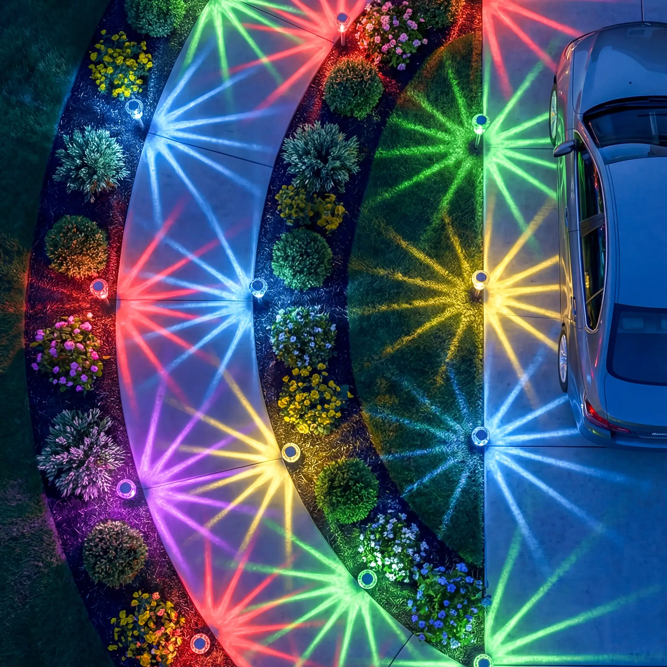 Overhead view of colorful solar lights along a curved driveway and garden edge