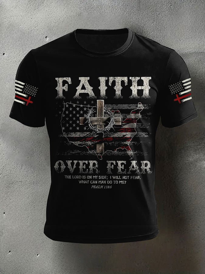 Men's Faith Over Fear Crucifix Flag Print Casual T-Shirt
