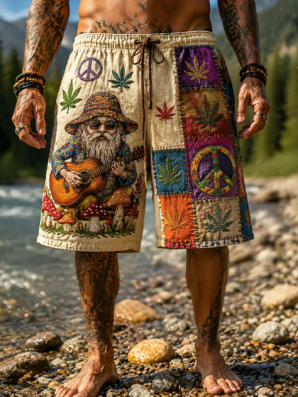 Men's Hippie Old Man Playing Guitar Print Casual Shorts