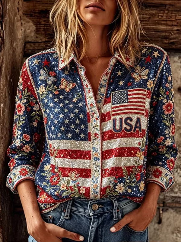 Women's Sparkly USA Flag Floral Sequin Printed Long Sleeve Shirt