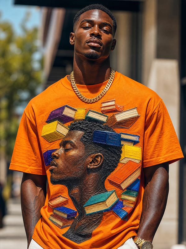 Men's Man Profile with Floating Colorful Books Print Casual T-Shirt