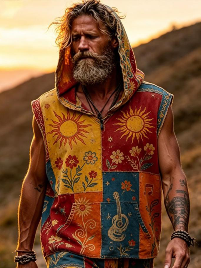Men's Floral Guitar Sun Hippie Geometric Art Print Workout Hooded Tank Top