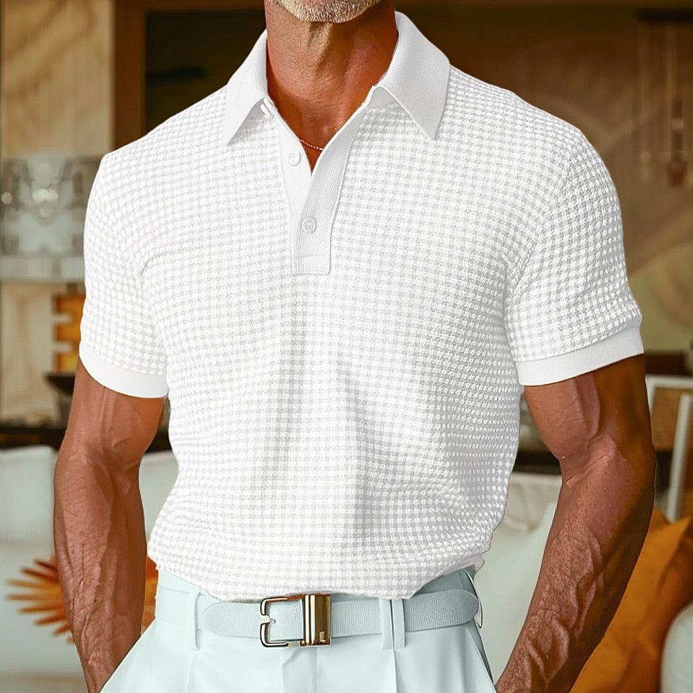 Textured Waffle Polo-Soft Summer Lapel Collar Shirt