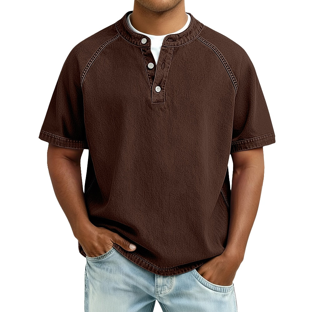 Vintage Feel Broken-in Cotton Henley - Brown 5XL
