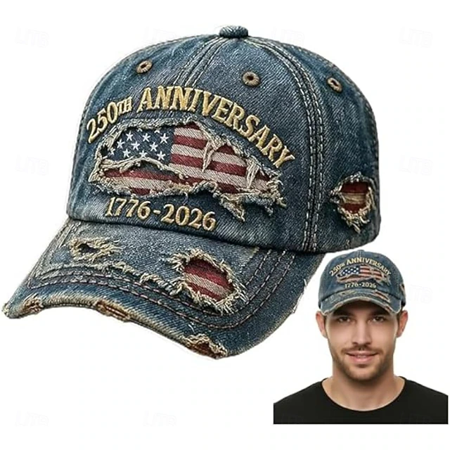 Men's USA 250th Anniversary Distressed Denim Baseball Cap | Embroidered US Flag Patriotic Trucker Hat