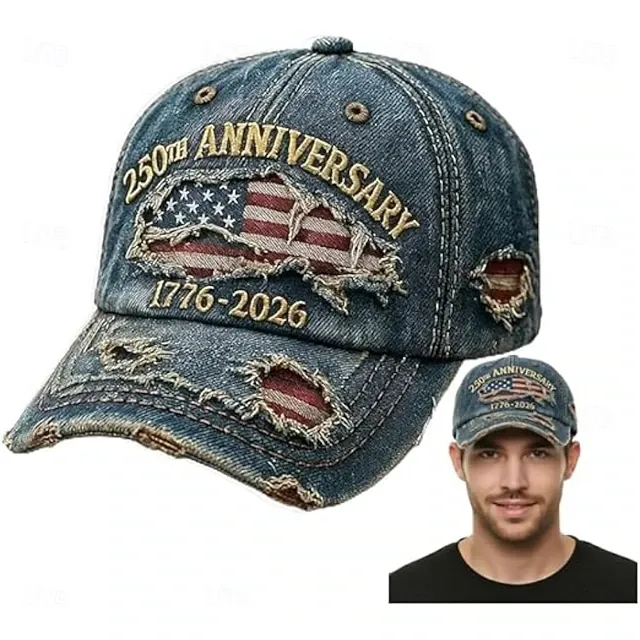 Men's USA 250th Anniversary Distressed Denim Baseball Cap | Embroidered US Flag Patriotic Trucker Hat