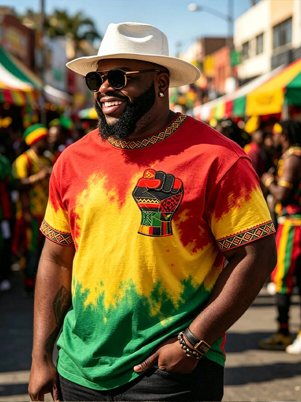 Men's African Flag Tie-Dye Juneteenth Power and Rights Patchwork Print T-Shirt