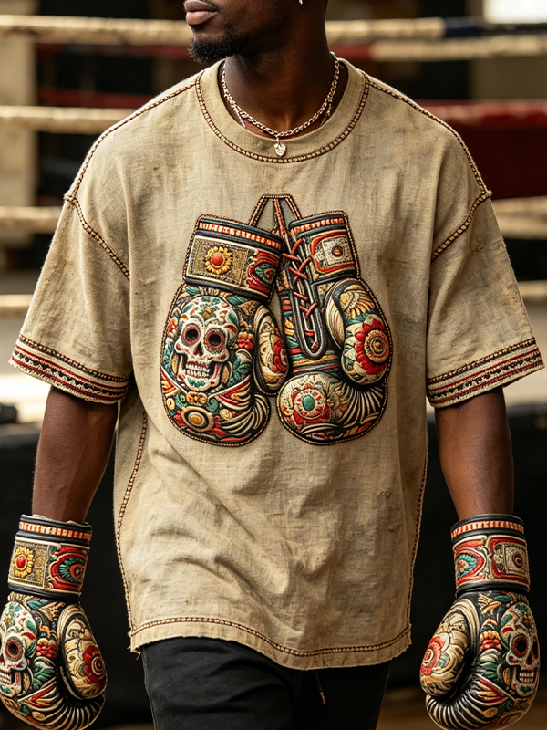Men's Boxing Gloves Skull Flowers Print Casual T-Shirt