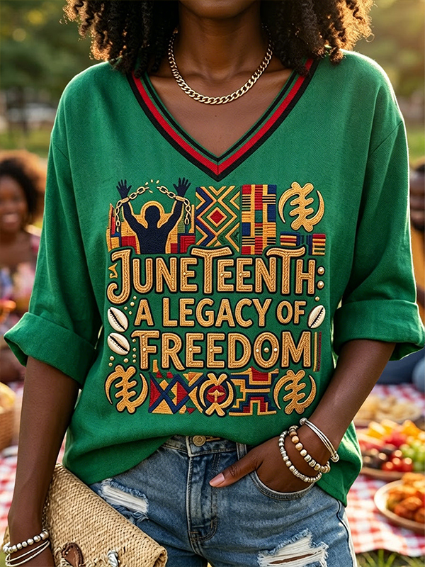 Women's Juneteenth A Legacy Of Freedom Print V Neck Long Sleeve T-Shirt