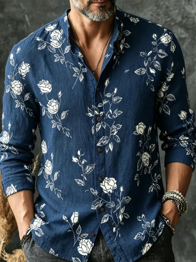Men's Retro Botanical Art Floral Print Long Sleeve Shirt
