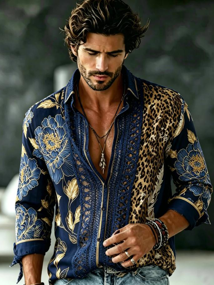 Men's Floral Leopard Art Print Lace Long Sleeve Shirt
