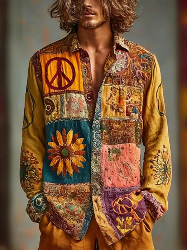 Men's Hippie Art Flower Peace Sign Print Long Sleeve Shirt