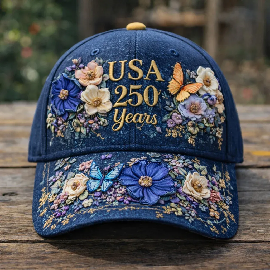 Patriotic USA 250 Anniversary Cap | Embroidered Flower & Flag Design
