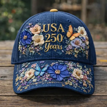Patriotic USA 250 Anniversary Cap | Embroidered Flower & Flag Design